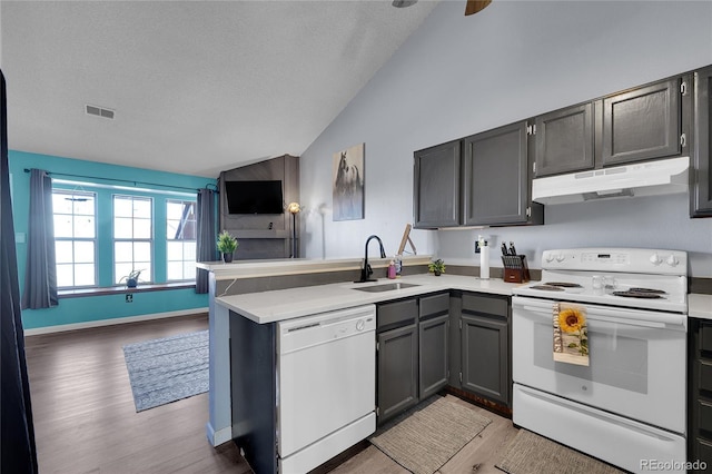 kitchen with white appliances, open floor plan, a peninsula, under cabinet range hood, and a sink