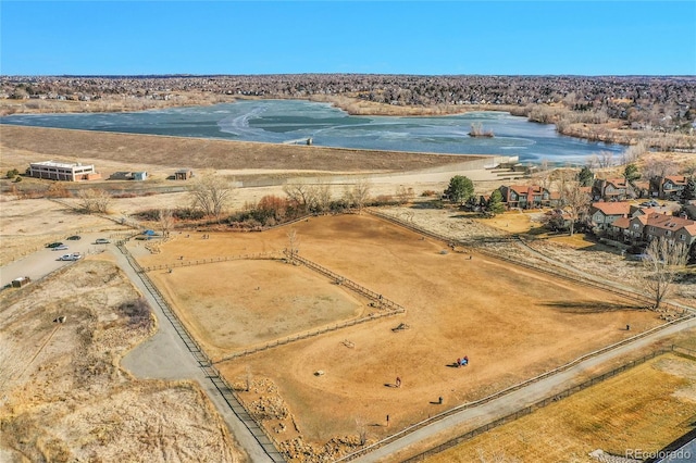 aerial view featuring a water view and a rural view