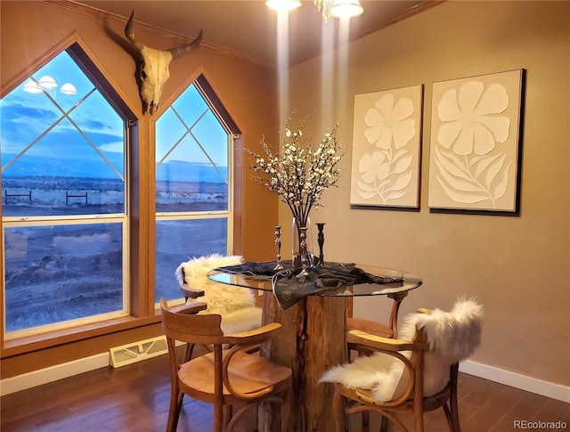 dining room featuring a mountain view, dark wood-type flooring, and ornamental molding