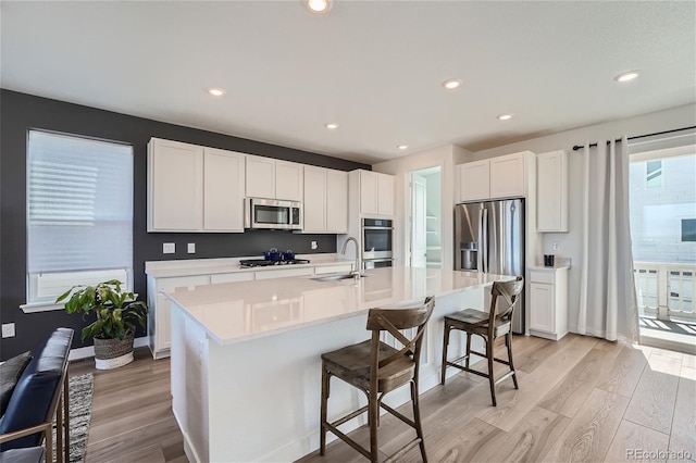 kitchen featuring light countertops, light wood finished floors, appliances with stainless steel finishes, and a sink