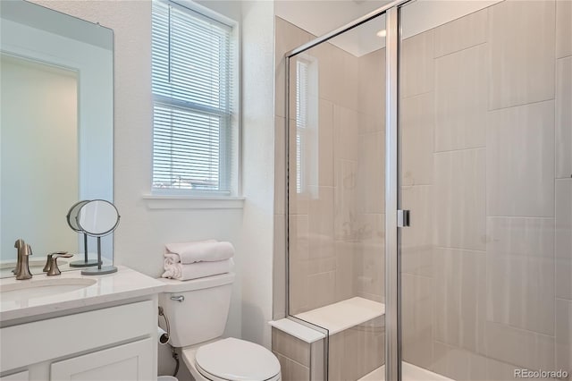 full bath featuring toilet, a stall shower, and vanity