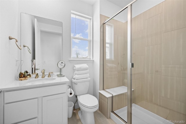 bathroom with vanity, toilet, and a stall shower