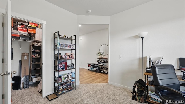 office featuring baseboards and carpet flooring