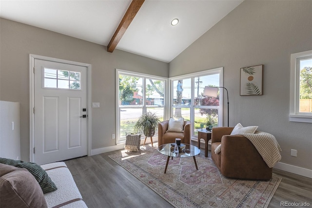 5195 Allison St, Arvada, CO 80002 - living area featuring beam ceiling, wood finished floors, high vaulted ceiling, and recessed lighting