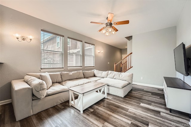 23882 E Alabama Dr, Aurora, CO 80018 - living room featuring ceiling fan, dark wood finished floors, baseboards, and stairway