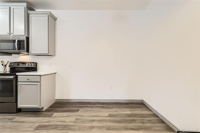 18657 Stroh Rd Unit 4103, Parker, CO 80134 - kitchen with appliances with stainless steel finishes, gray cabinetry, light wood-style flooring, light countertops, and baseboards