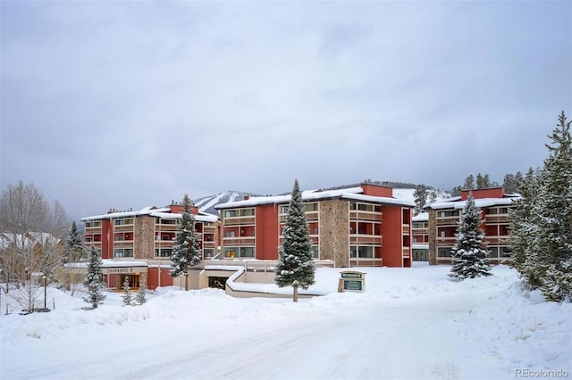 view of snow covered building