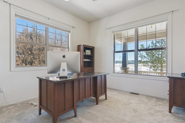 home office with light colored carpet