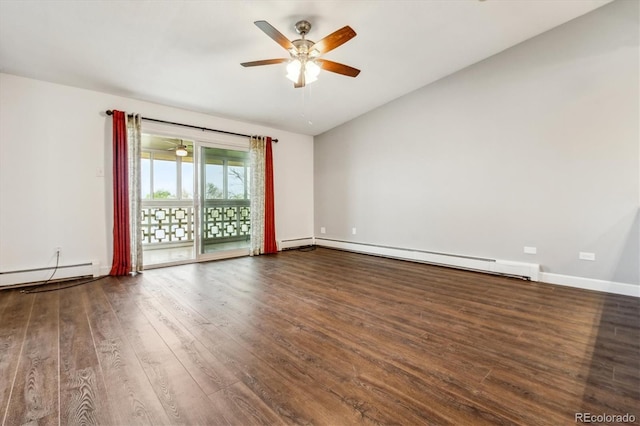 spare room with baseboard heating, ceiling fan, wood finished floors, lofted ceiling, and baseboards