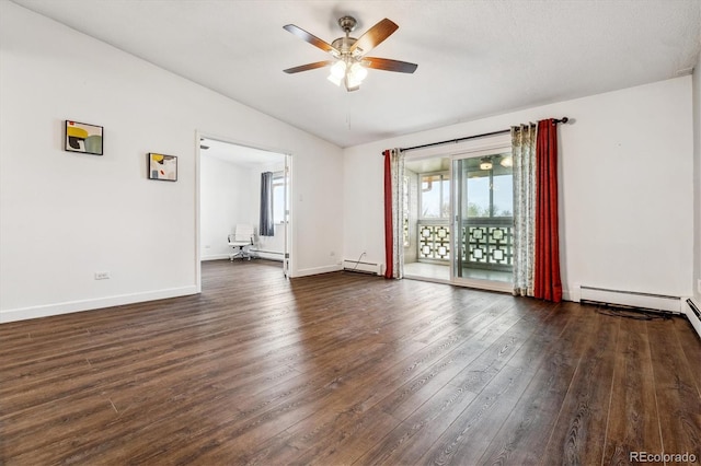 unfurnished room featuring a baseboard radiator, a ceiling fan, lofted ceiling, dark wood finished floors, and baseboards