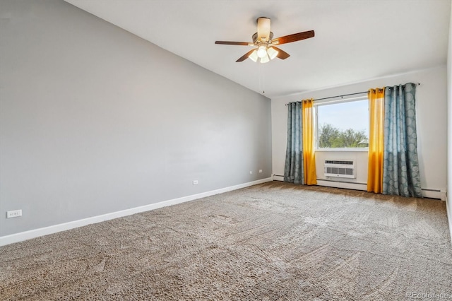 carpeted spare room with baseboards, baseboard heating, ceiling fan, a baseboard radiator, and an AC wall unit