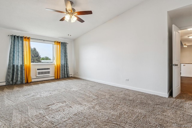 carpeted spare room featuring lofted ceiling, baseboard heating, a ceiling fan, baseboards, and an AC wall unit
