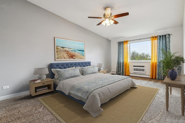 795 S Alton Way Unit 5D, Denver, CO 80247 - bedroom with lofted ceiling, a baseboard radiator, carpet floors, baseboards, and ceiling fan