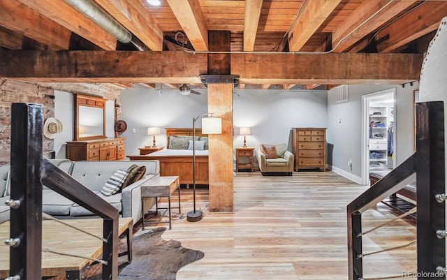 interior space featuring light hardwood / wood-style flooring and wood ceiling