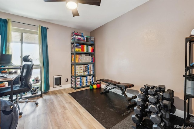 6495 E Happy Canyon Rd Unit 163, Denver, CO 80237 - office space with a ceiling fan, wood finished floors, and baseboards