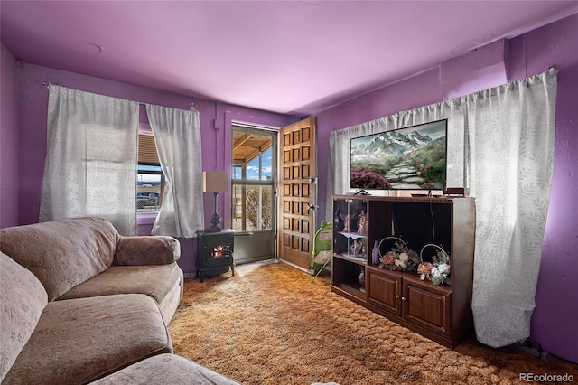 living room featuring a wood stove and carpet