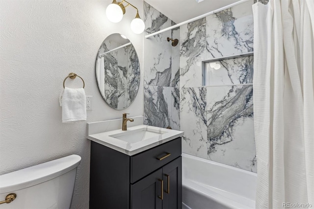 bathroom featuring a textured wall, toilet, vanity, and shower / bath combination with curtain