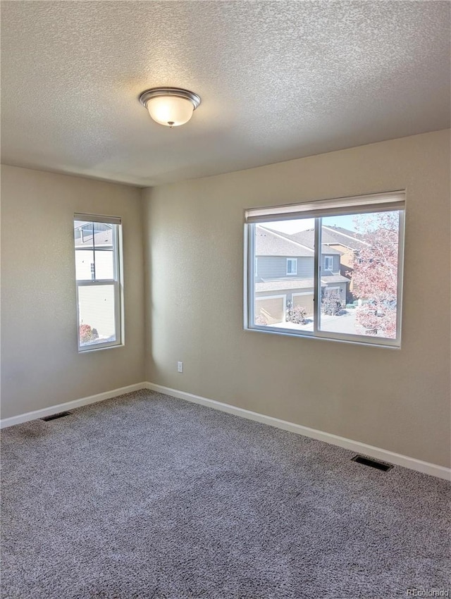 carpeted spare room with a textured ceiling