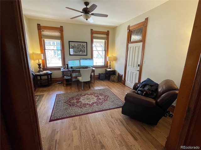 2335 Stout St, Denver, CO 80205 - office space featuring plenty of natural light, wood finished floors, and ceiling fan