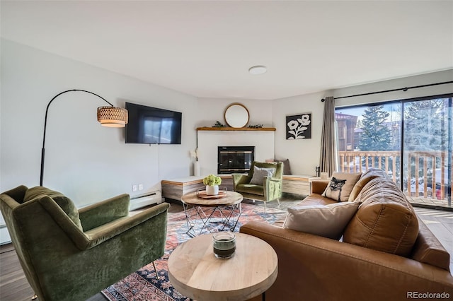 living room featuring a glass covered fireplace, wood finished floors, and a baseboard radiator