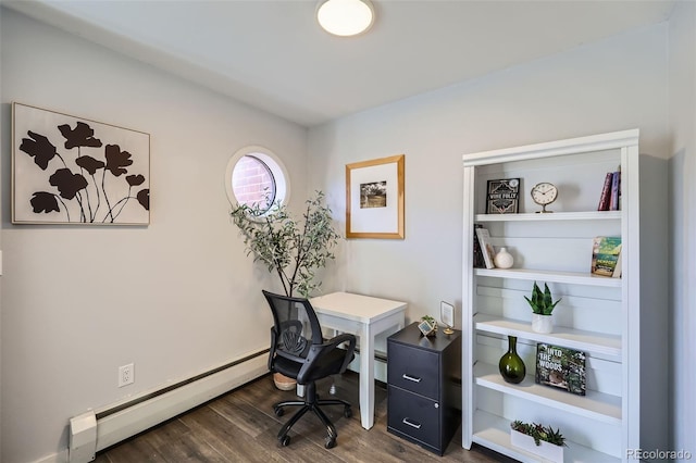 office space with a baseboard heating unit and dark wood-style flooring