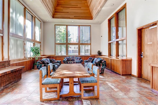 dining room with a raised ceiling and a high ceiling