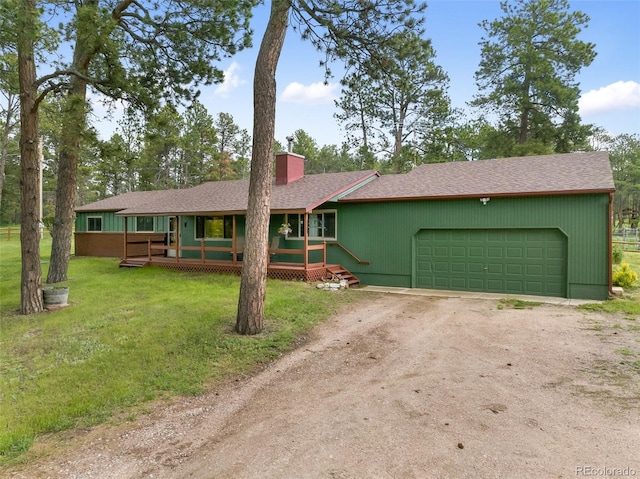 13365 Meadow Glen Ln, Colorado Springs, CO 80908 - ranch-style house featuring dirt driveway, a chimney, a garage, a front lawn, and roof with shingles