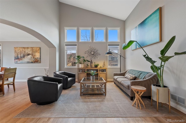 living room featuring high vaulted ceiling and light hardwood / wood-style flooring