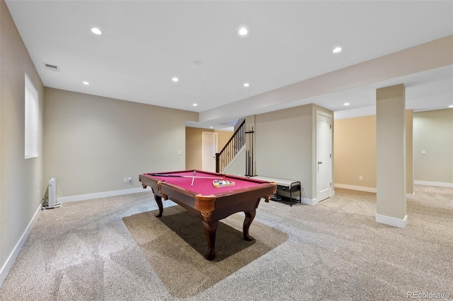 rec room featuring light colored carpet and pool table