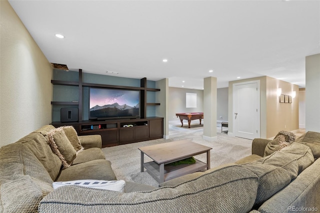 carpeted living room with pool table