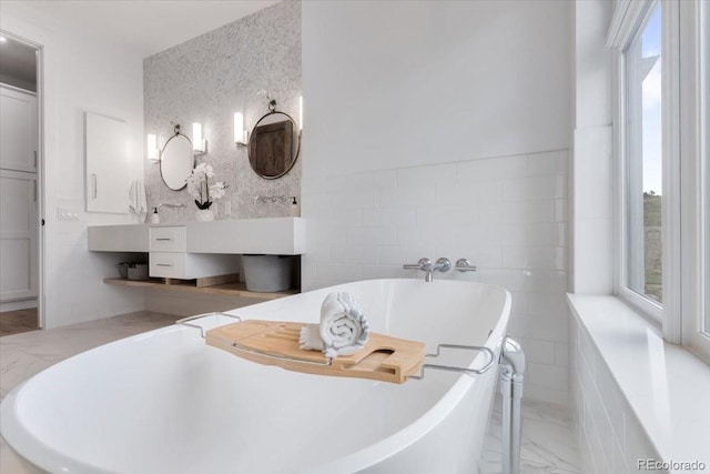 15116 Lyons Ridge Dr, Morrison, CO 80465 - full bathroom featuring marble finish floor, a soaking tub, and tile walls