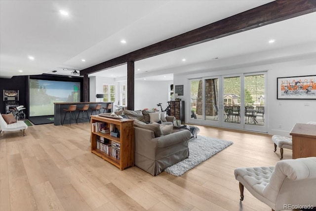 15116 Lyons Ridge Dr, Morrison, CO 80465 - living room with light wood finished floors, recessed lighting, and beam ceiling