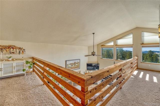 interior space with a textured ceiling, carpet, and lofted ceiling