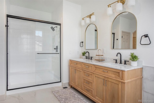 7410 Winter Berry Ln, Castle Pines, CO 80108 - full bath with an enclosed shower, double vanity, and marble finish floors