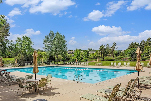 7410 Winter Berry Ln, Castle Pines, CO 80108 - community pool with view of scattered trees and a patio