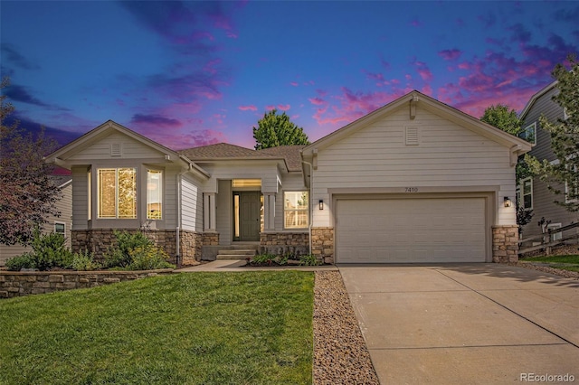 7410 Winter Berry Ln, Castle Pines, CO 80108 - ranch-style house with stone siding, concrete driveway, a garage, and a front lawn