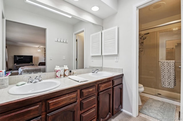 bathroom featuring a stall shower, a sink, ensuite bath, and double vanity