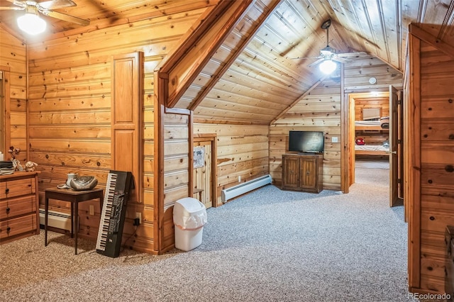 additional living space featuring carpet, wooden walls, a baseboard heating unit, wooden ceiling, and lofted ceiling