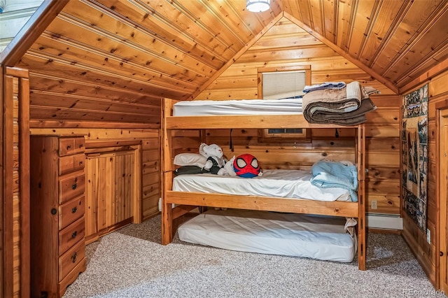 carpeted bedroom with vaulted ceiling, wood walls, and wood ceiling