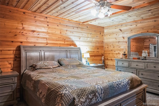 bedroom featuring wooden walls, ceiling fan, wooden ceiling, and dark carpet