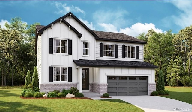 modern inspired farmhouse with brick siding, board and batten siding, a front lawn, a garage, and driveway