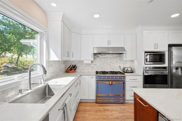 kitchen with white cabinets, sink, light hardwood / wood-style flooring, exhaust hood, and appliances with stainless steel finishes