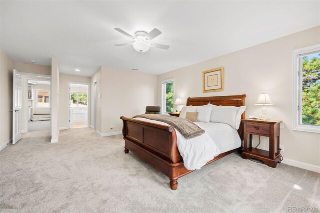 carpeted bedroom featuring ceiling fan, ensuite bath, and multiple windows