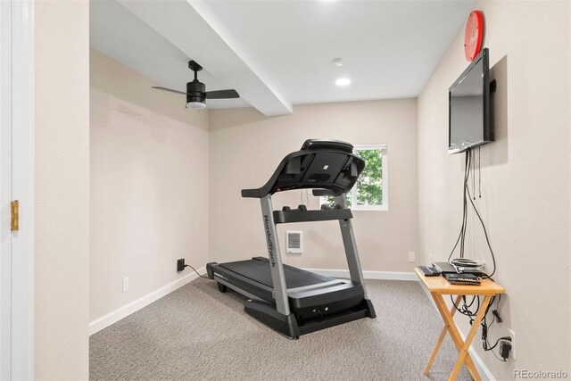 exercise room with ceiling fan and carpet