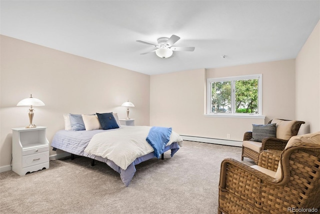 bedroom with ceiling fan, a baseboard heating unit, and light colored carpet