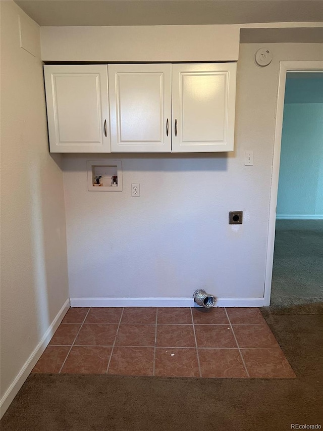 1245 Yates St, Denver, CO 80204 - laundry room with cabinet space, washer hookup, hookup for an electric dryer, dark carpet, and dark tile patterned floors
