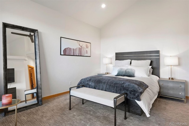 bedroom featuring baseboards, dark carpet, vaulted ceiling, and recessed lighting