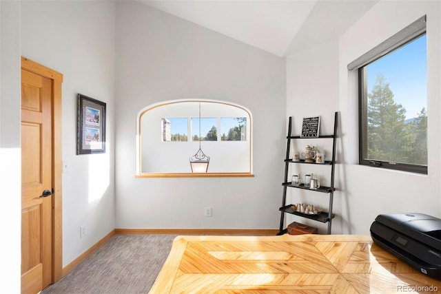 bedroom featuring lofted ceiling and baseboards