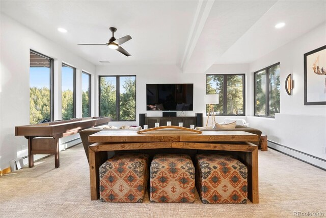 interior space featuring recessed lighting, a baseboard radiator, light colored carpet, ceiling fan, and baseboards