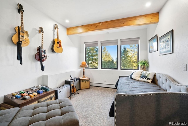 bedroom featuring a baseboard heating unit, recessed lighting, beam ceiling, and carpet floors